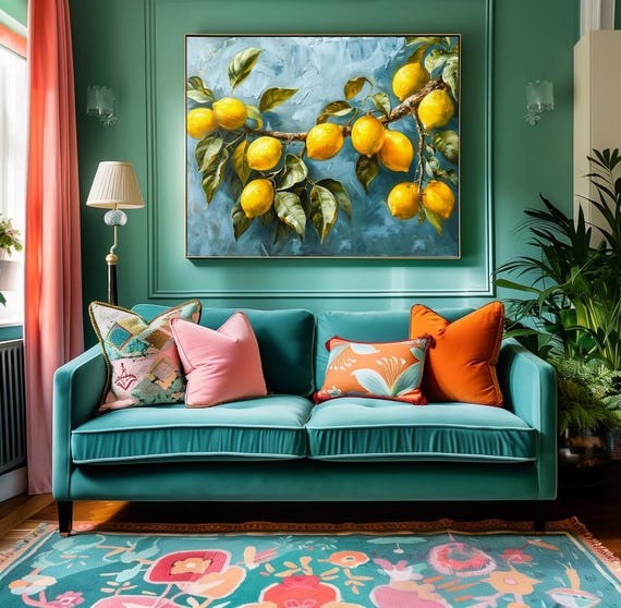 Citrus Lemon Branch Art Print Poster Kitchen Lemons Italian Acrylic Painting Colorful Mediterranean Room Decor