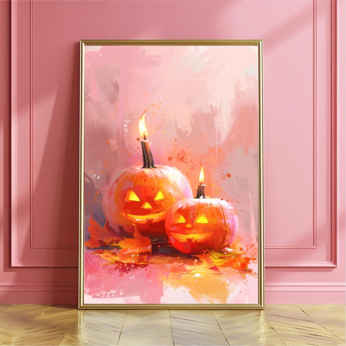 Two Jack O Lanterns with Flames Pink Painterly Halloween Poster
