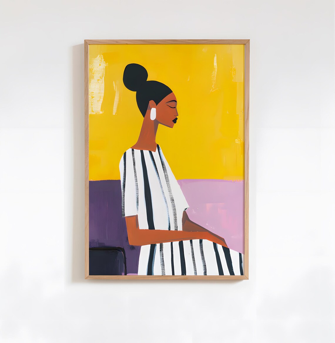 Woman In Striped Dress Against Bold Yellow Abstract Art Poster