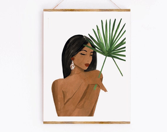 Woman With Palm Leaf Tropical Art Print