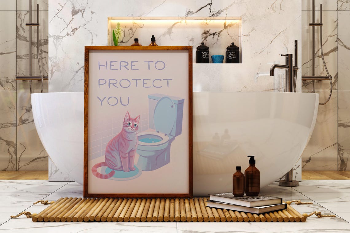 Here To Protect You Funny Cat Blue Bathroom Quote Trendy Wall Poster - Image 3