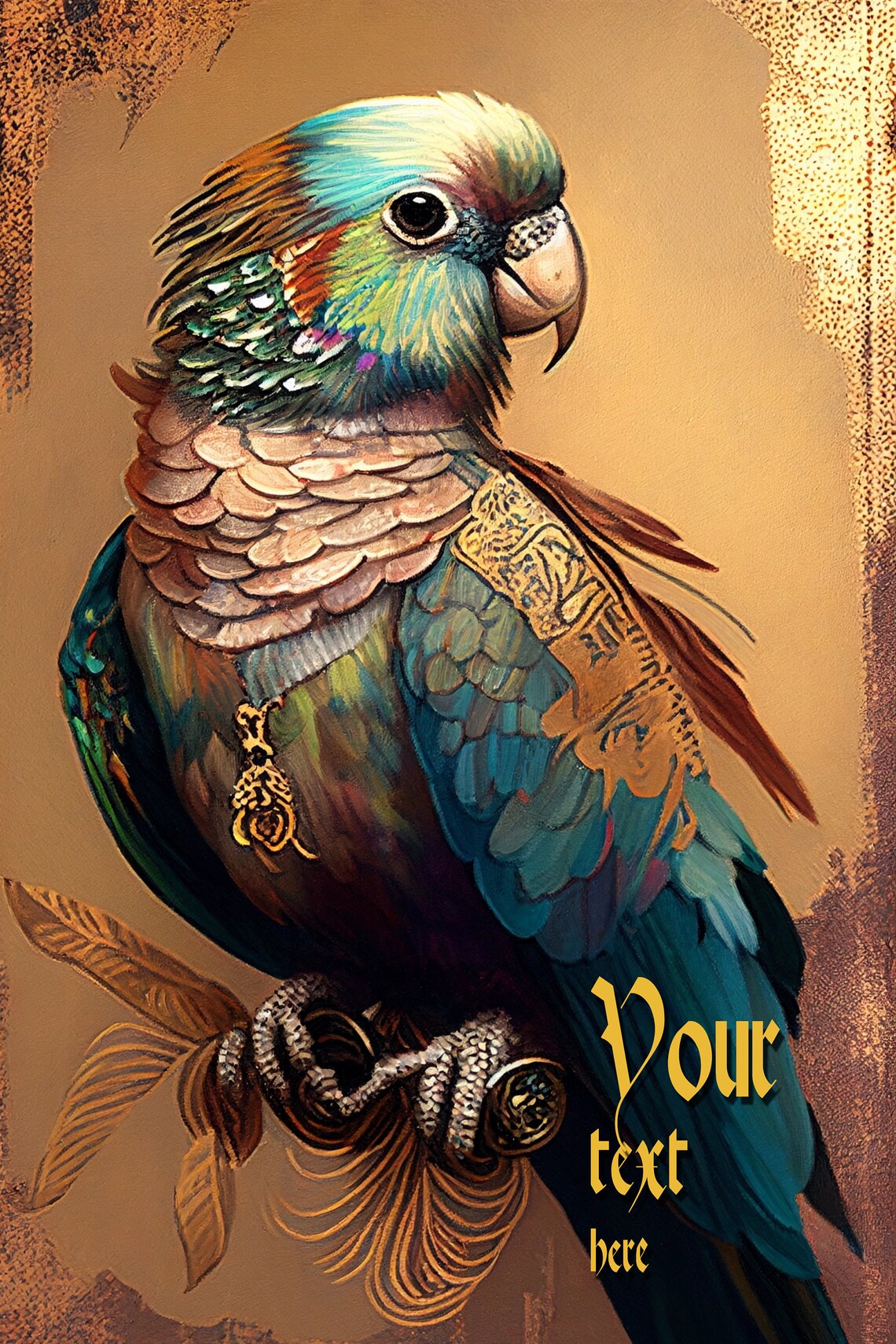 Royal Parakeet Portrait Customizable Golden Bird Painting Poster - Image 3