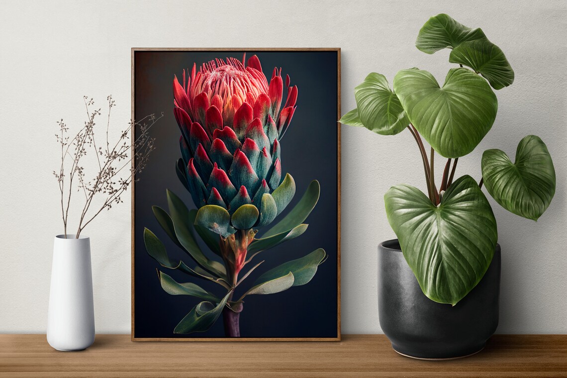 Crimson Spiky Bloom Dark Moody Floral Botanical Art Painting Poster - Image 3