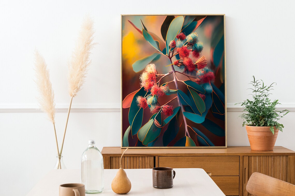 Eucalyptus Blossom Branch Teal and Coral Floral Painting Poster