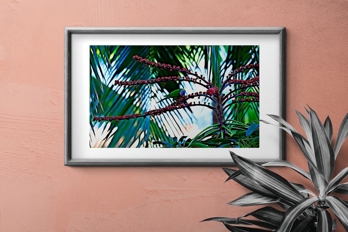 Small Green Parrot Feeding on Red Blossoms Vibrant Bird Art Poster