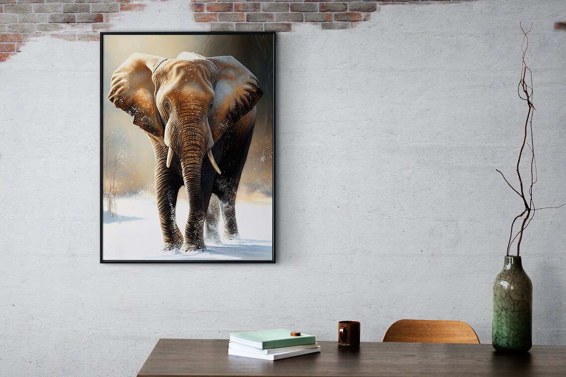 Elephant Walking in Snow Majestic Wild Wildlife Painting Poster - Image 2