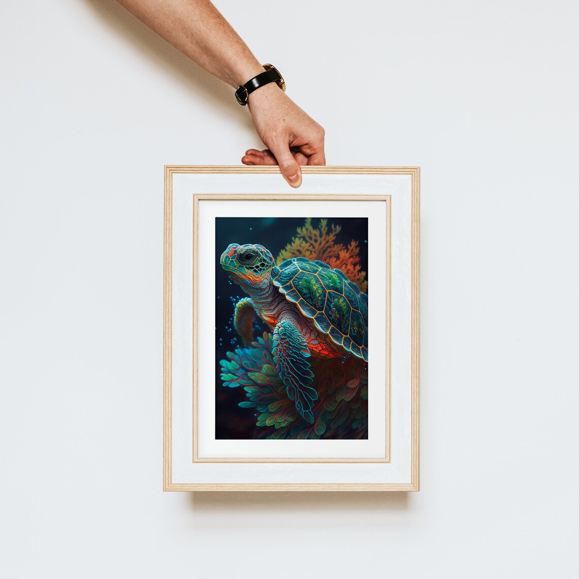 Colorful Sea Turtle Swimming Among Coral Reef Digital Art Poster - Image 3