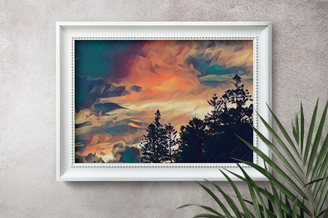 Low Poly Sunset Sky Over Silhouetted Pine Trees Island Art Poster