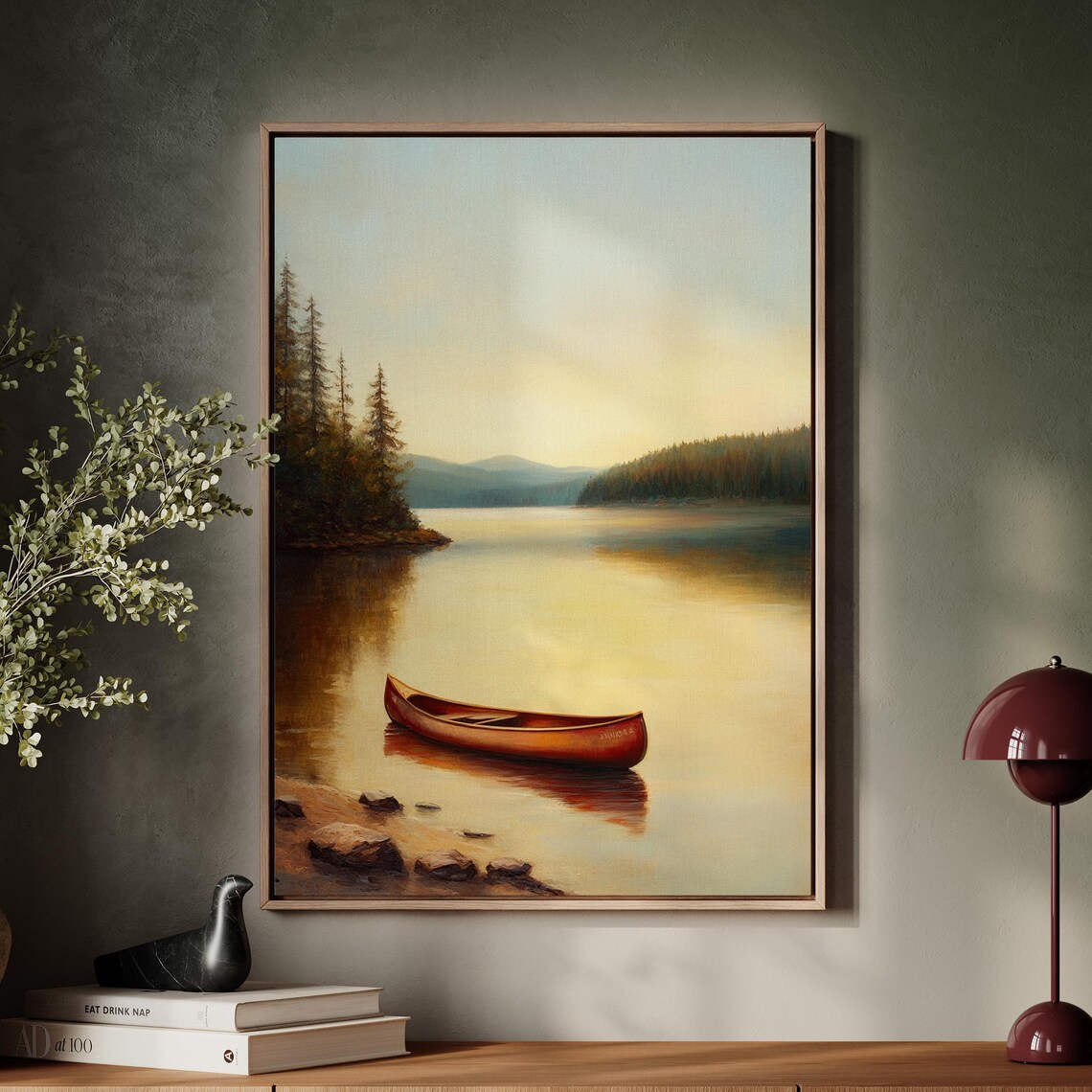 Serene Canoe Lake Poster, Tranquil Sunset Landscape