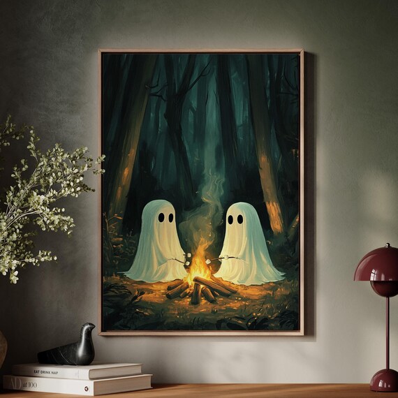 Adorable Ghost Duo Campfire Roasting Marshmallows Spooky Forest Wall Poster