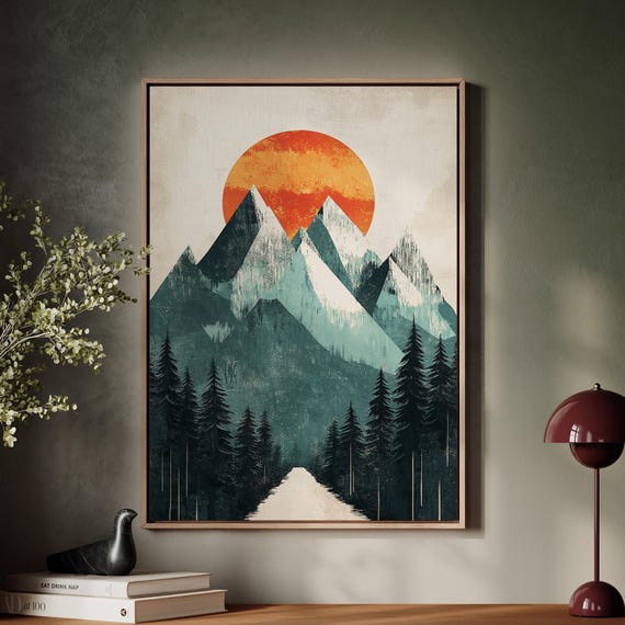 Retro Mountain Road Print Abstract Sunset Landscape Modern Nature Wall Art Rustic Adventure Decor Geometric Wilderness Poster