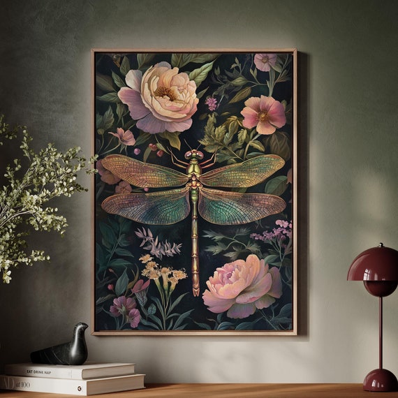 Enchanted Dragonfly Wall Art Botanical Insect Print Nature Inspired Decor Vintage Floral Illustration Elegant Wildlife Art