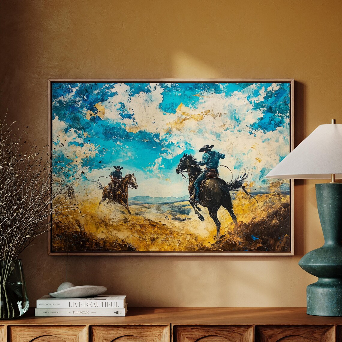 Western Cowboy Horseback Riding Art Print, Rustic Rodeo