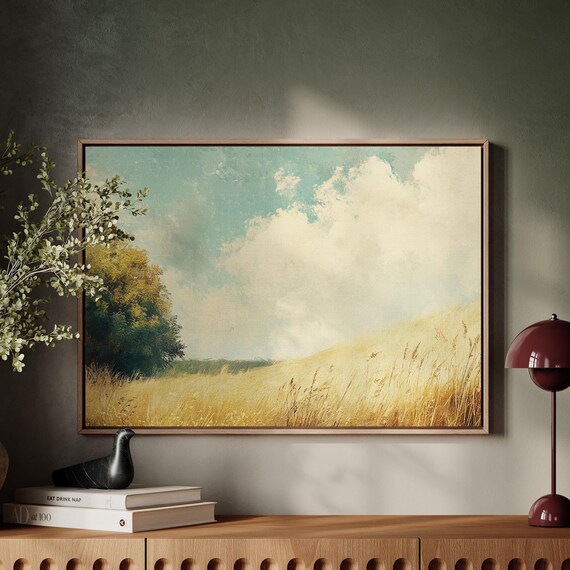 Serene Countryside Landscape Print Golden Wheat Field And Tree Artwork Rustic Farmhouse Nature Inspired Wall Decor