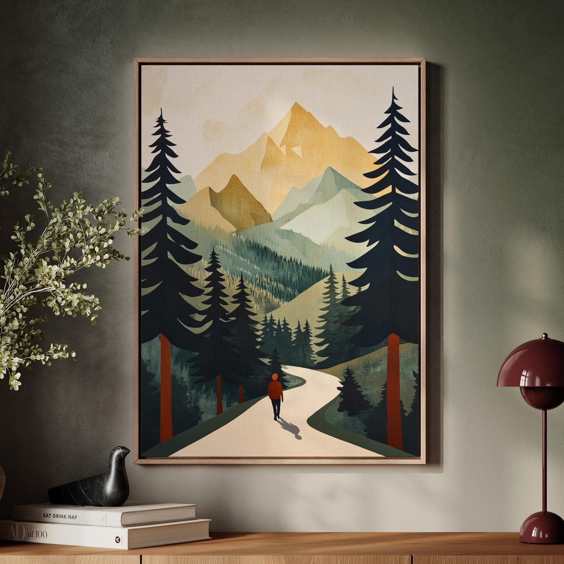 Modern Mountain Hiking Print Minimalist Forest Trail Artwork With Scenic Pines And Golden Peaks For Nature Inspired Wall Decor - Image 5