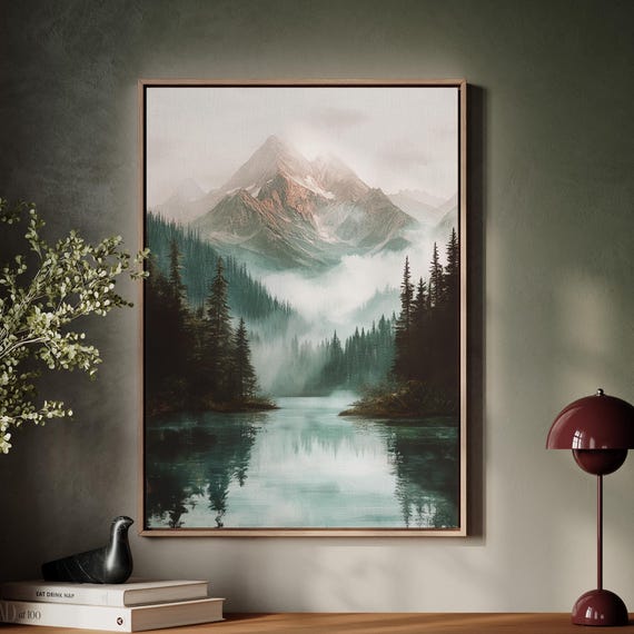 Misty Mountain Lake Print Serene Nature Wall Art Tranquil Forest Reflection Scenic Landscape Home Decor