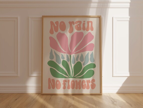 No Rain No Flowers Retro Quote Pink Floral Motivational Poster