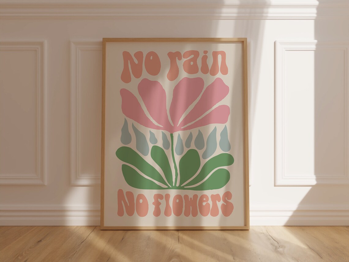 No Rain No Flowers Retro Quote Pink Floral Motivational Poster