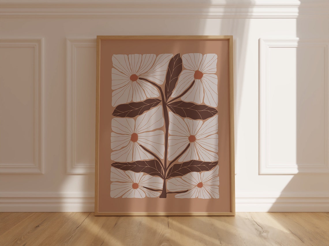 White Blossom Brown Foliage Botanical Minimalist Decor Art Print