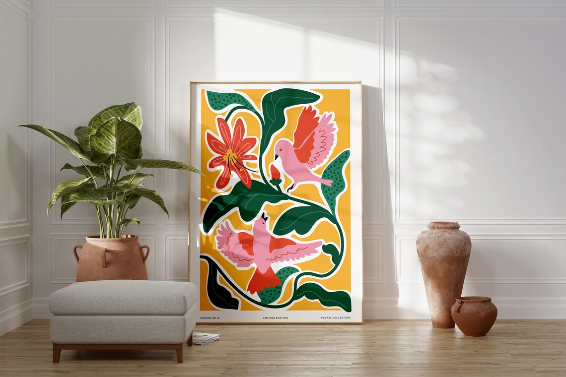 Two Pink Birds Among Red Flowers Floral Collection No 40 Poster - Image 5