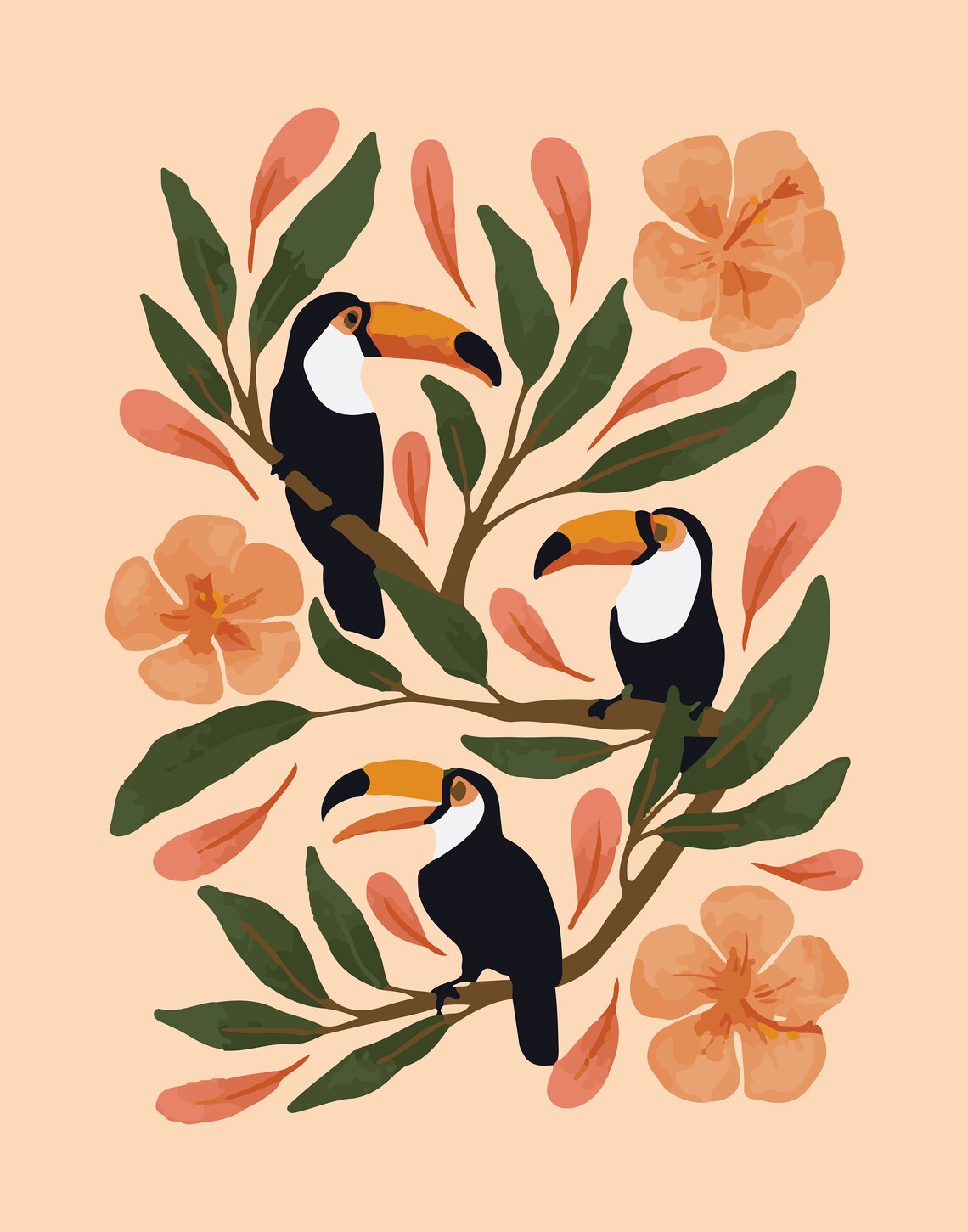 Cheerful Tropical Toucans Branch Birds Floral Botanical Wall Art - Image 2