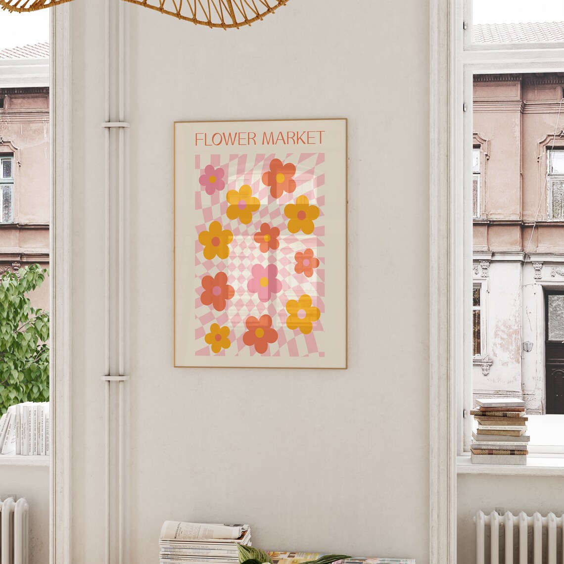 Flower Market Groovy Retro Blossoms Checkered 70s Art Poster - Image 6