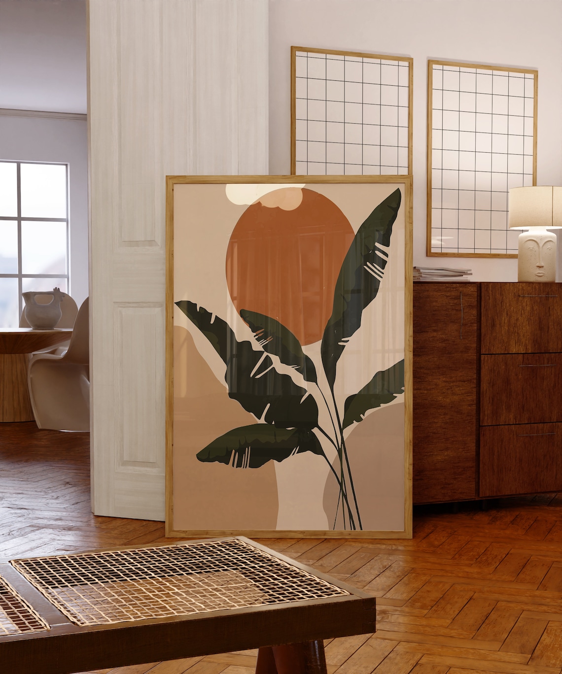 Tropical Dark Leaves and Burnt Orange Sun Botanical Art Poster - Image 6