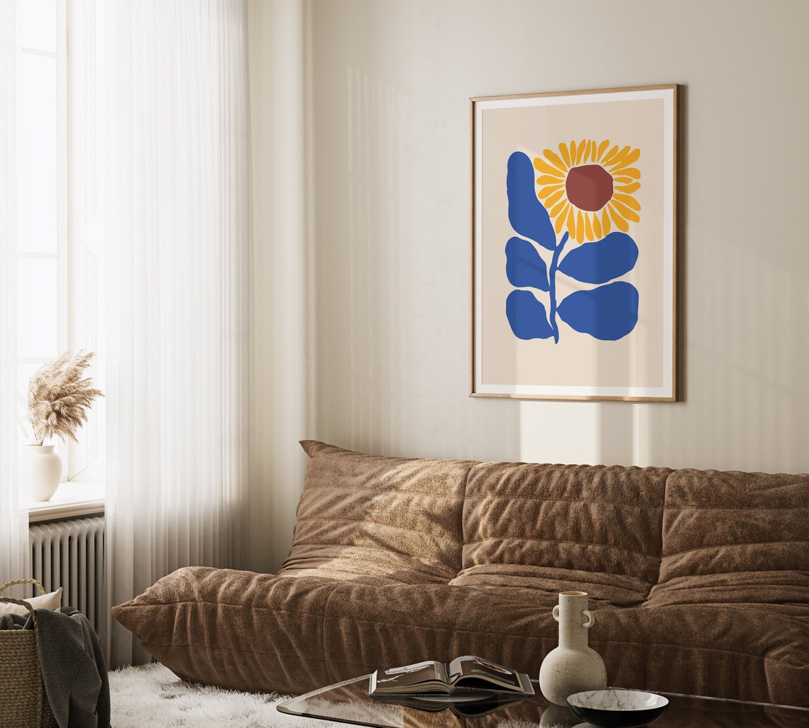 Retro Sunflower Abstract Botanical Print with Bold Blue Leaves - Image 3