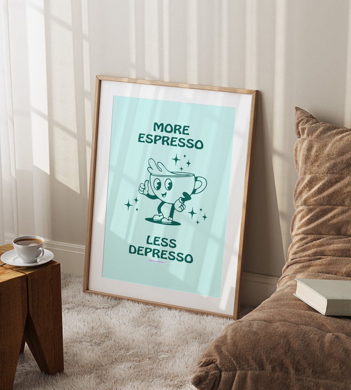 More Espresso Less Depresso Funny Coffee Cup Mascot Quote Poster - Image 2