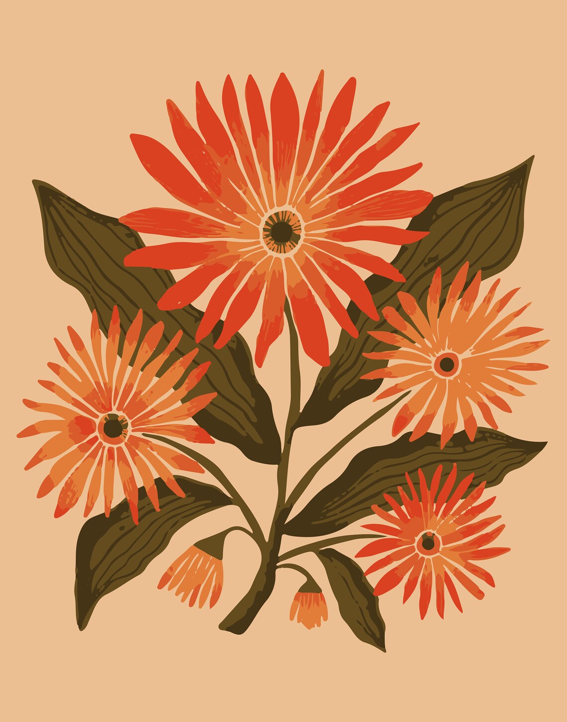 Orange Daisy Blossoms on Peach Modern Botanical Flower Art Poster - Image 3