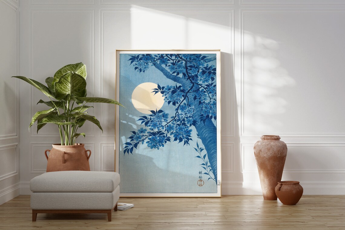 Blossoming Cherry On A Moonlit Night Japanese Blue Woodblock Poster - Image 3