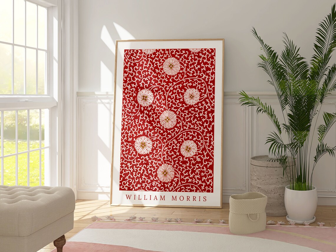 William Morris Red Flower Pattern, Vintage Textile Art Print - Image 4