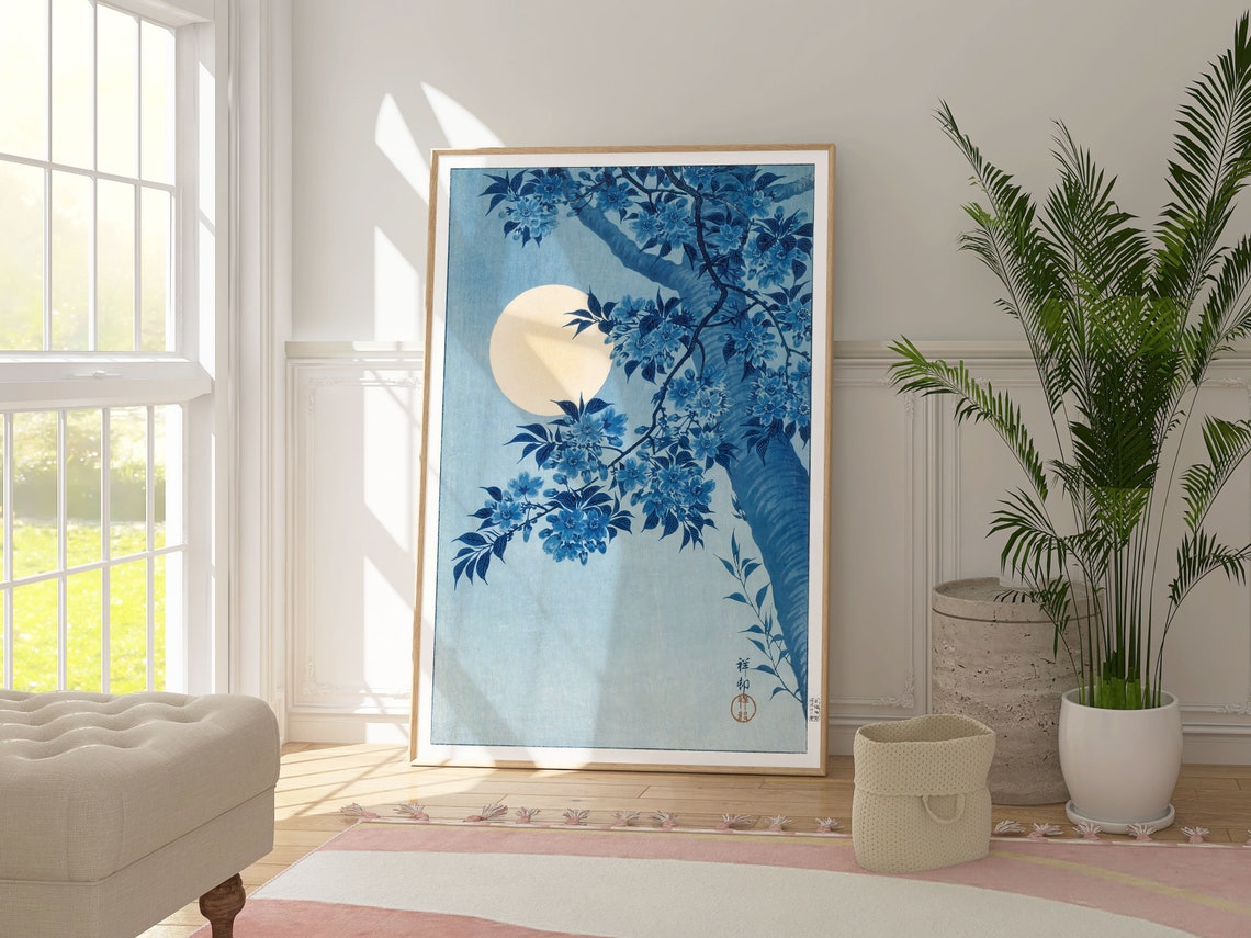 Blossoming Cherry On A Moonlit Night Japanese Blue Woodblock Poster - Image 2