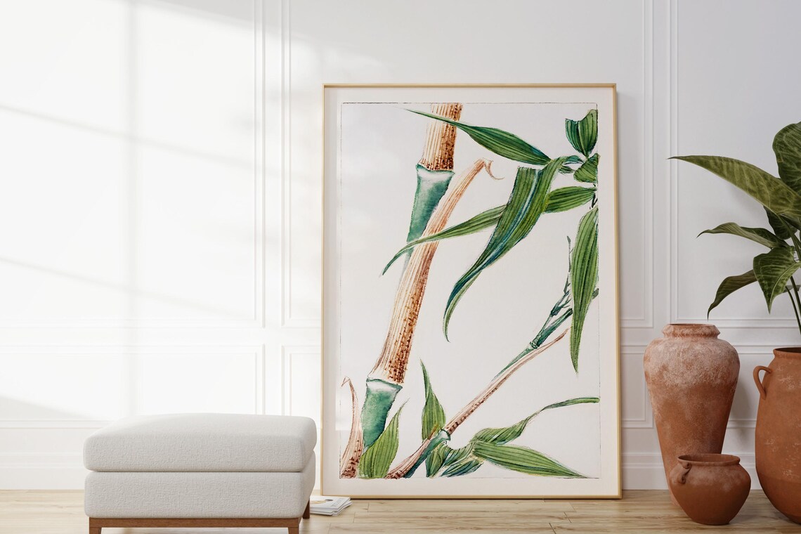 Japanese Bamboo Stalks Watercolor Green Leaves Minimalist Zen Wall Art - Image 3