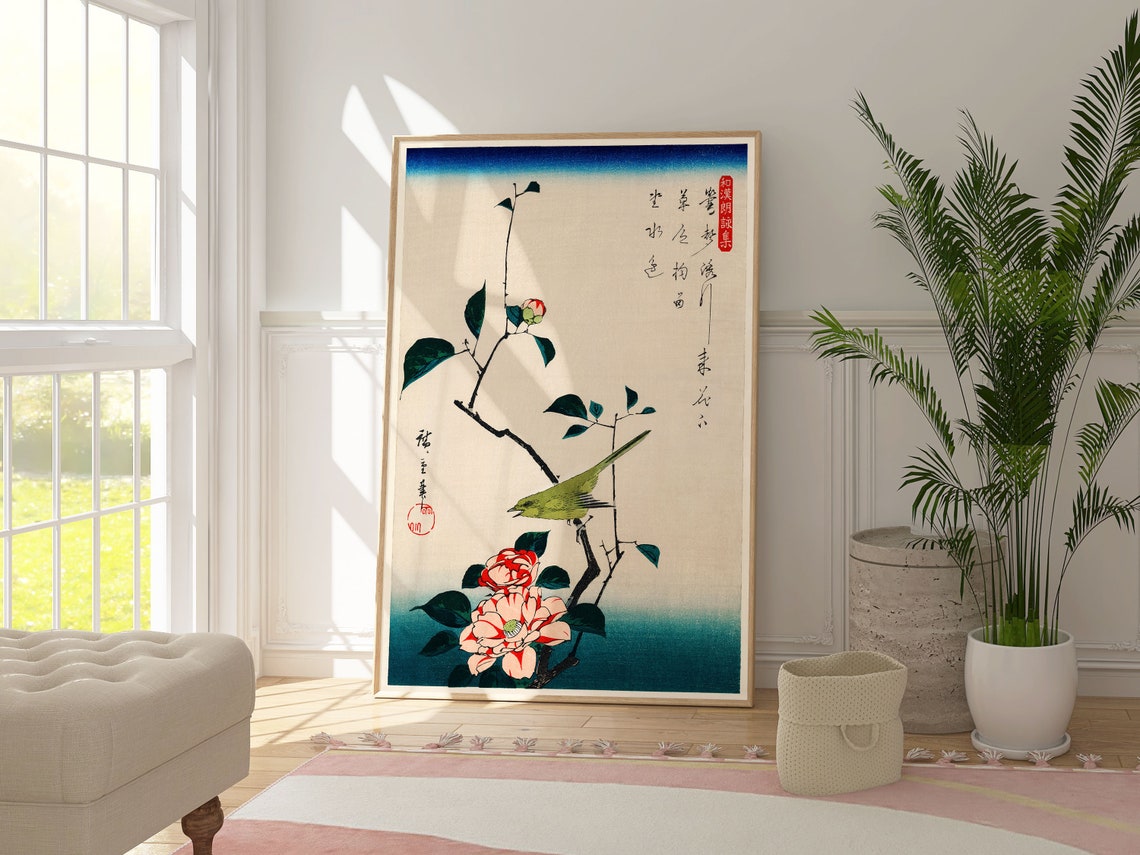 Hiroshige Camellia And Warbler Japanese Woodblock Bird Wall Art - Image 2