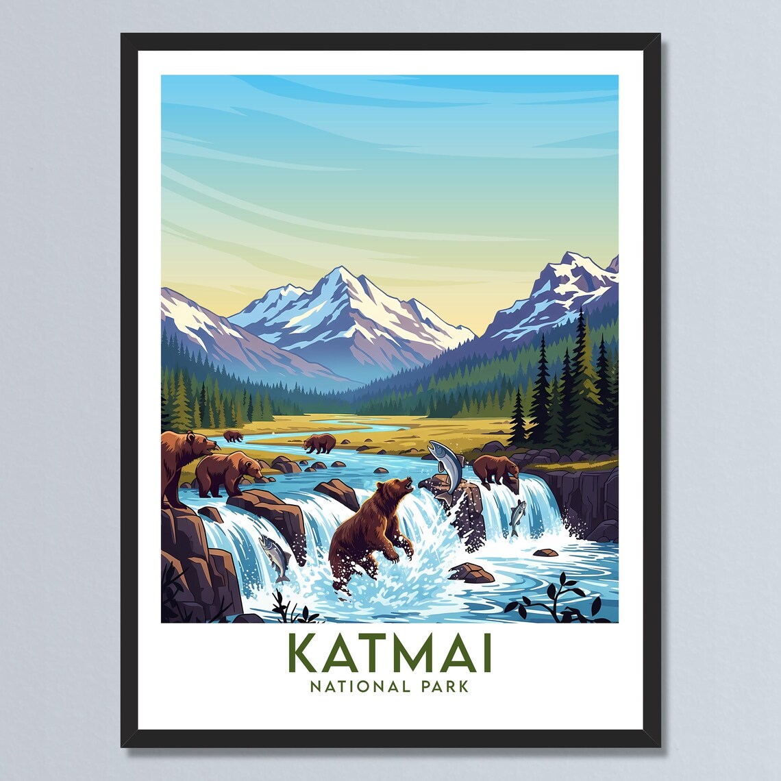 Katmai National Park Brown Bears Fishing Salmon Waterfall Poster