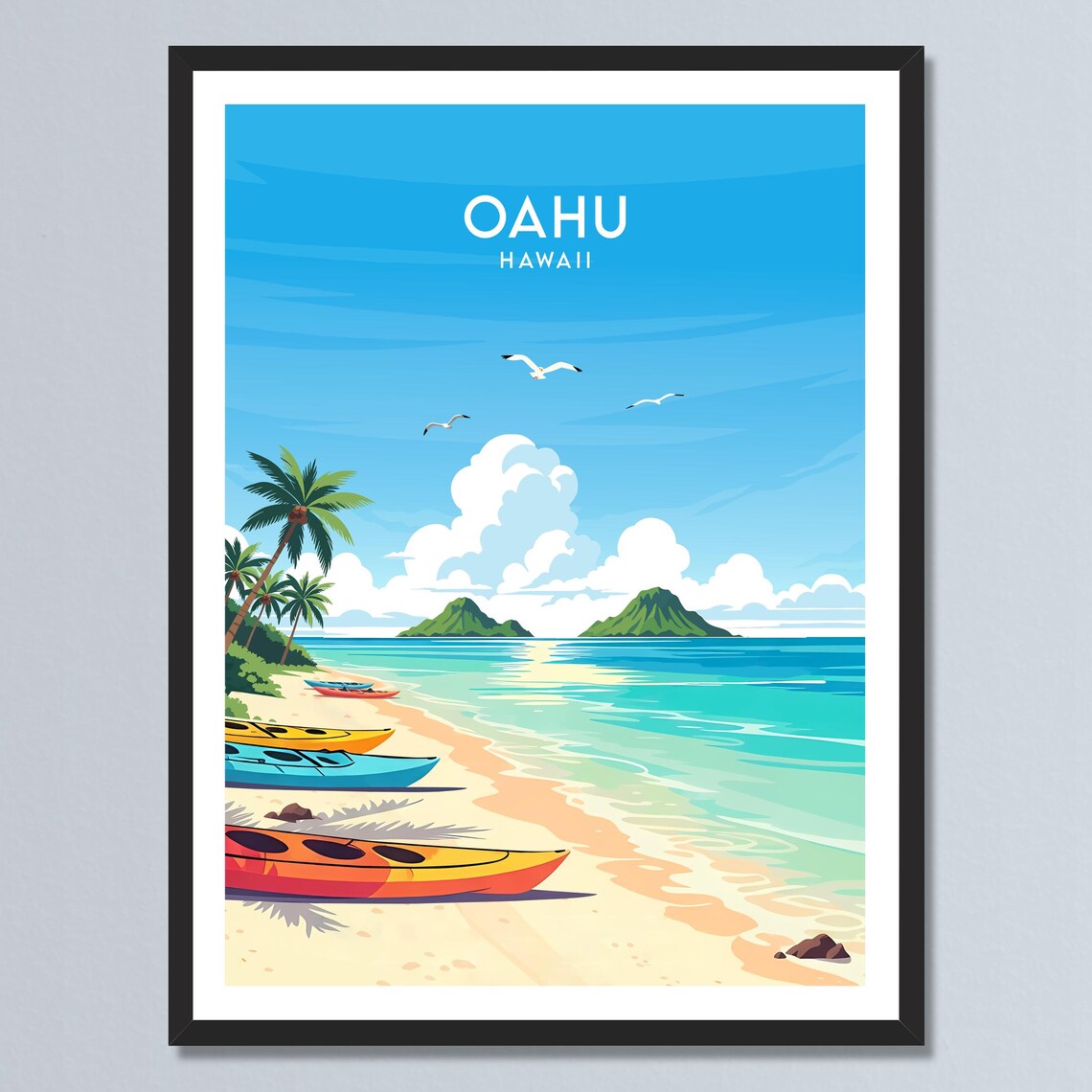 Oahu Hawaii Beach Kayaks Coconut Palms Turquoise Water Poster