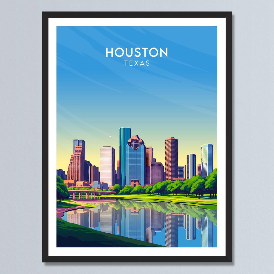 Houston Texas Downtown Skyline Buffalo Bayou Reflection City Poster