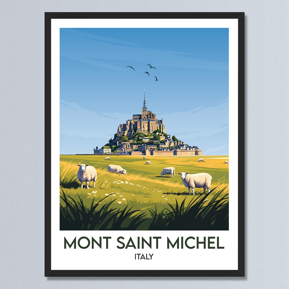 Mont Saint Michel Island Abbey Meadow Captioned Italy Travel Poster