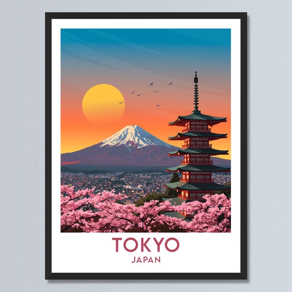 Tokyo Japan Travel Poster Japanese Cherry Blossomwall Art Mount Fuji Illustration Sunset Retro Print Personalized Gift Home Decor