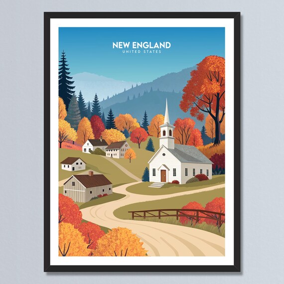New England United States White Church Autumn Village Poster
