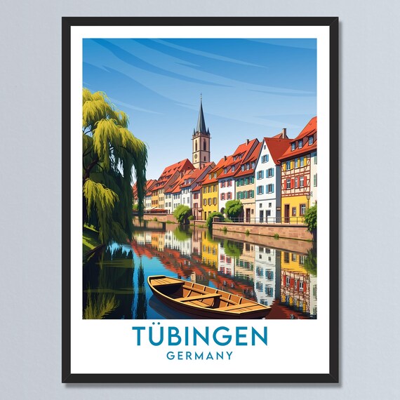 Tubingen Germany Half Timbered Canal Reflection Travel Poster