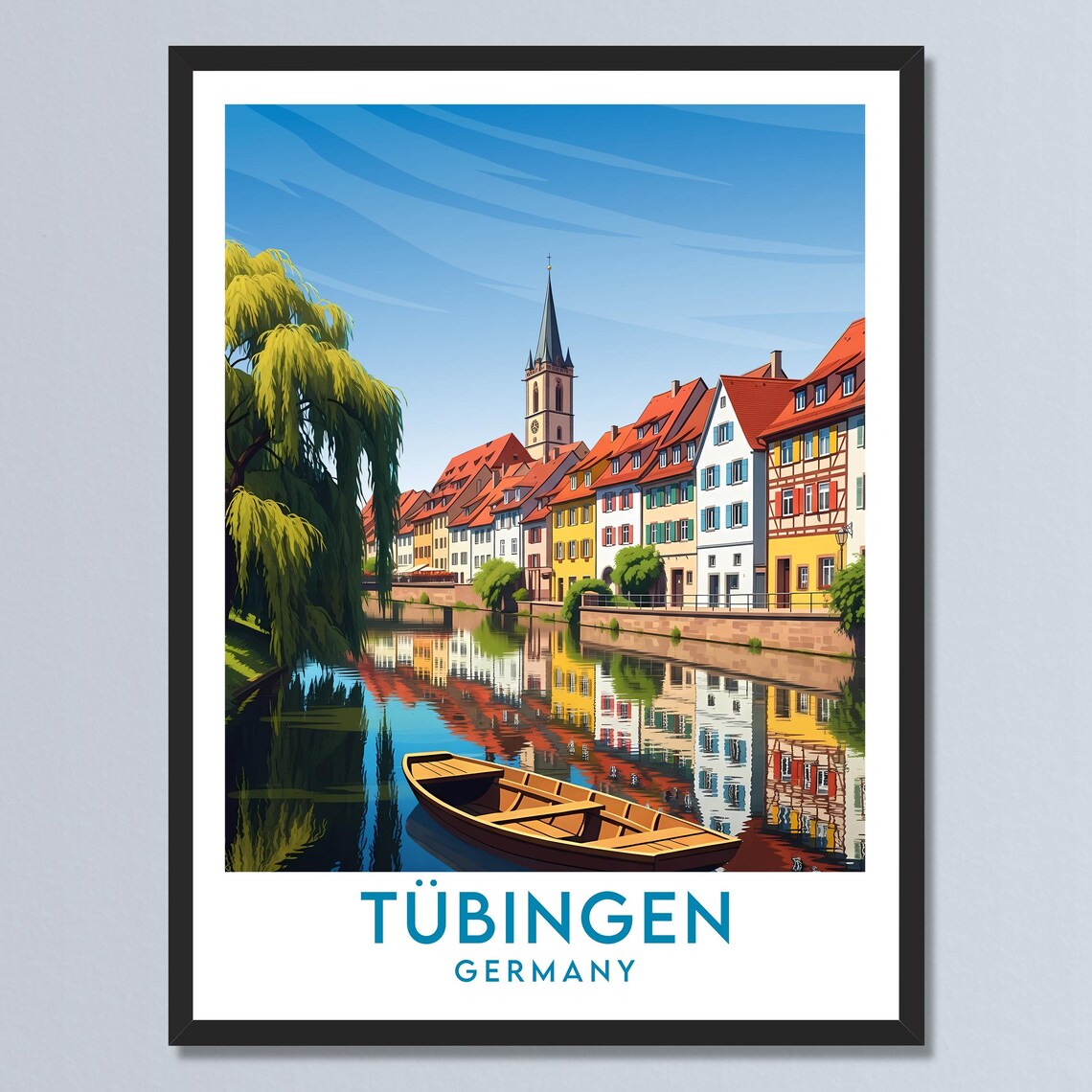 Tubingen Germany Half Timbered Canal Reflection Travel Poster