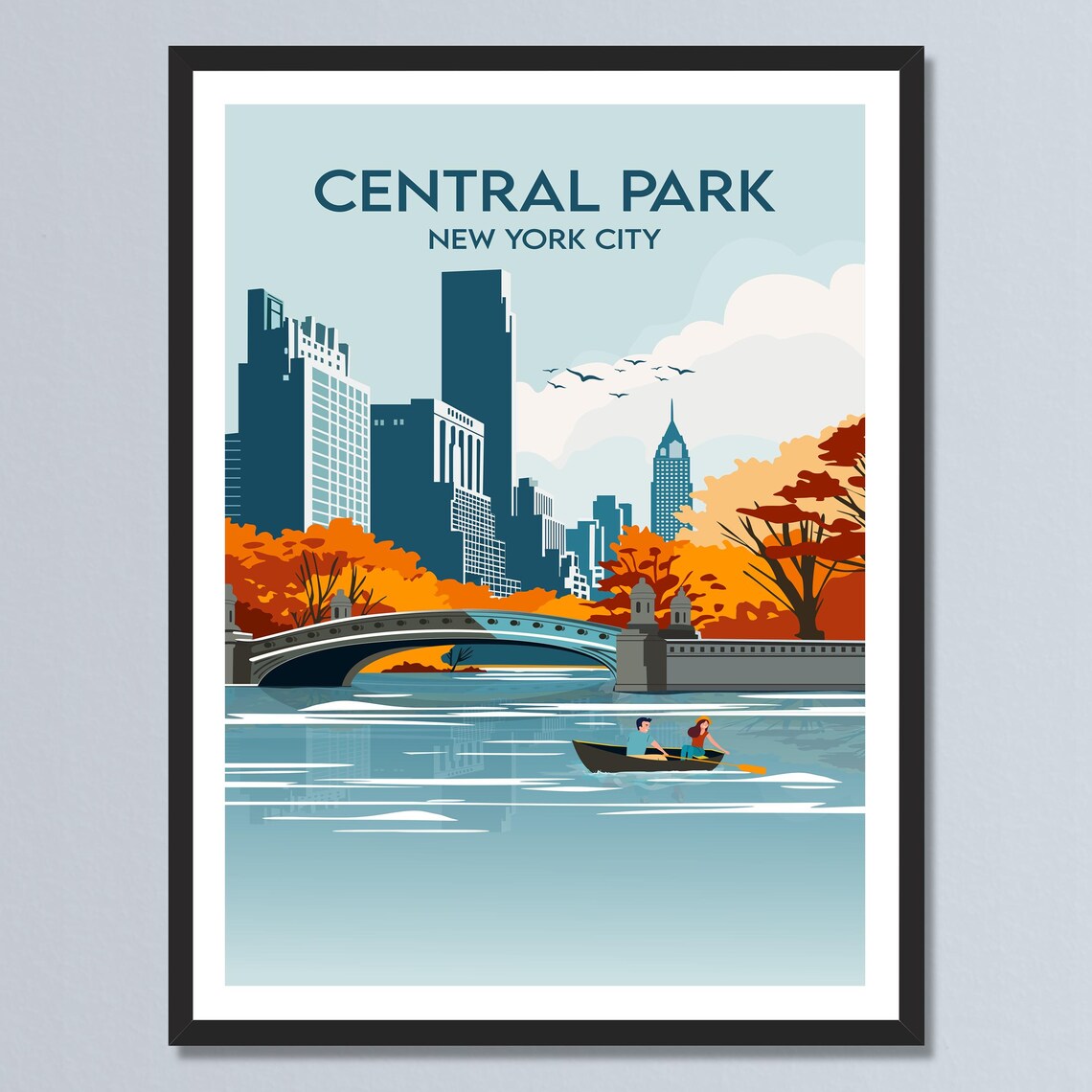 Central Park New York City Autumn Bow Bridge Rowboat Skyline Poster