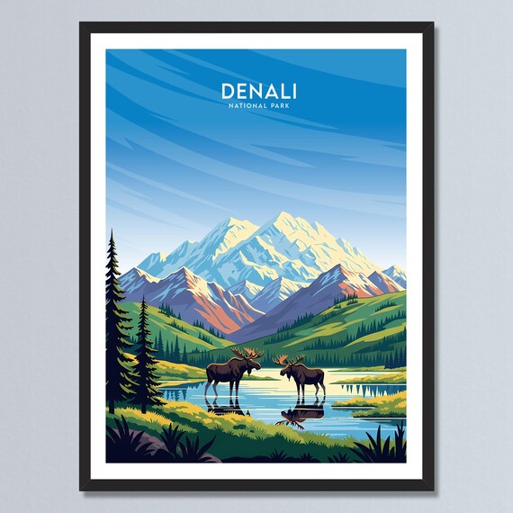 Denali Alaska Bull Moose Pair Wading in Alpine Lake Wildlife Poster