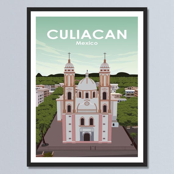 Culiacan Cathedral Mexico Travel Poster Vintage Mexican Art Landscape Architecture Print Personalized Home Decor Gift