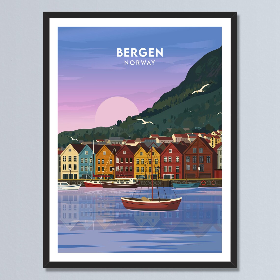Bergen Norway Bryggen Wharf Colorful Sunset Harbor Scenic Poster