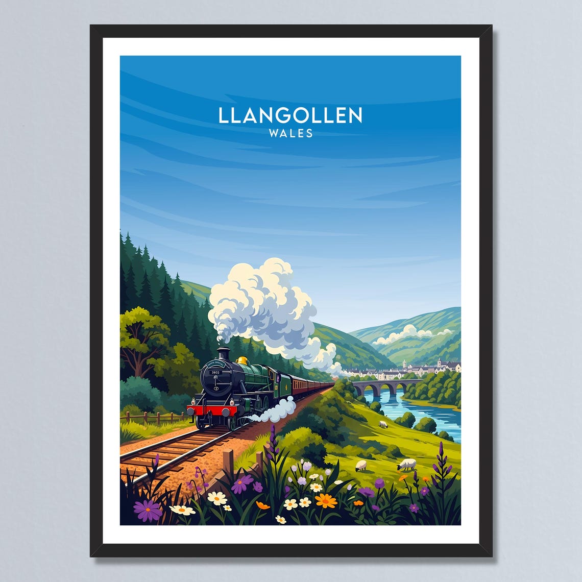 Llangollen Wales Vintage Steam Train Valley Retro Travel Poster