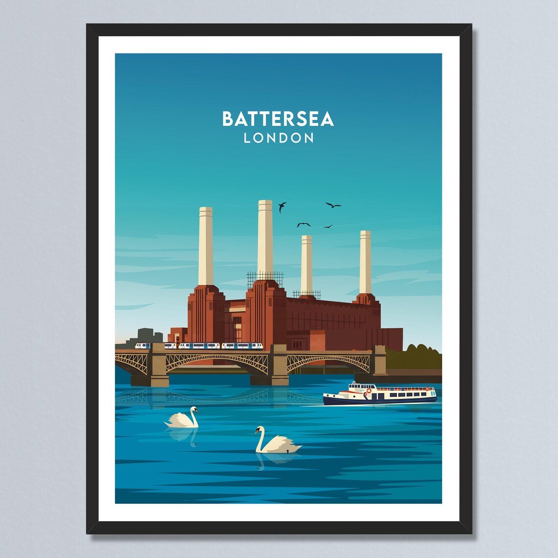Battersea London Iconic Power Station Chimneys River Thames Poster