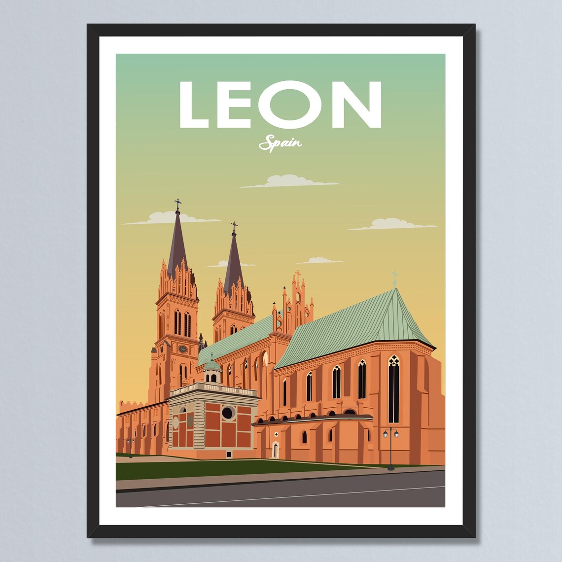 Leon Spain Cathedral Twin Spires Golden Sunrise Travel Poster